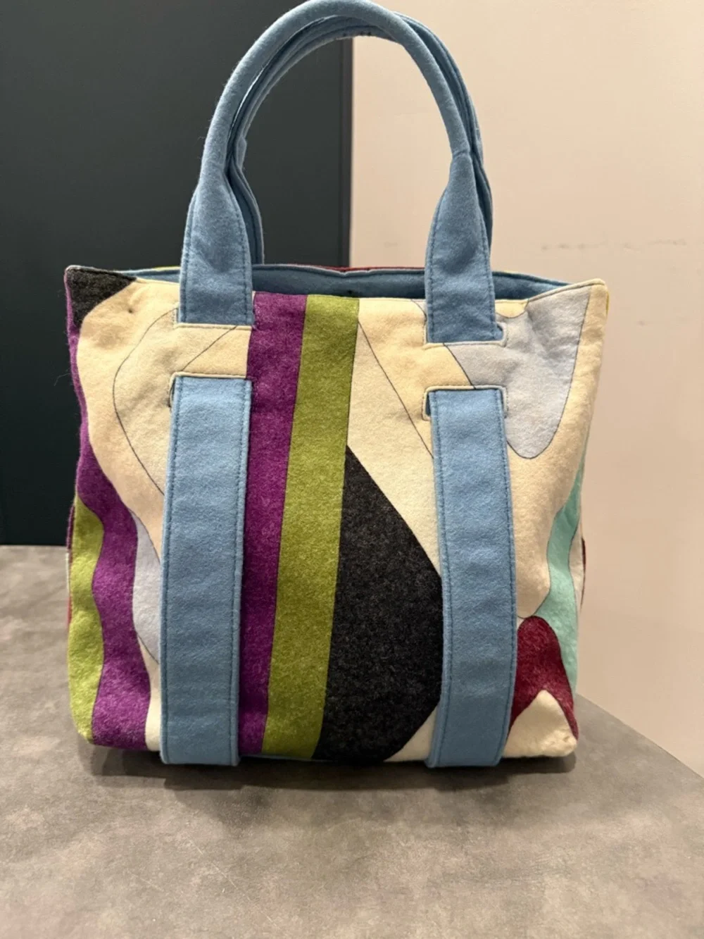 Emilio Pucci Multicolor Wool Patchwork Tote with Blue Handles